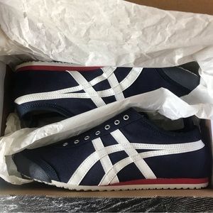 Onitsuka Tiger, 9.5 navy blue mexico slip on, brand new in original box w bag.
